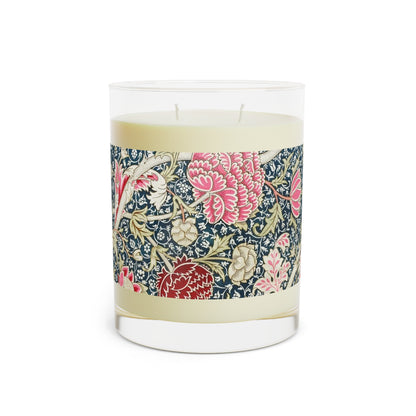 Luxury Scented Candle in a glass jar with a brown paper lid inspired by William Morris  & Co in an Arts & Crafts pattern called Cray with pink and blue flowers