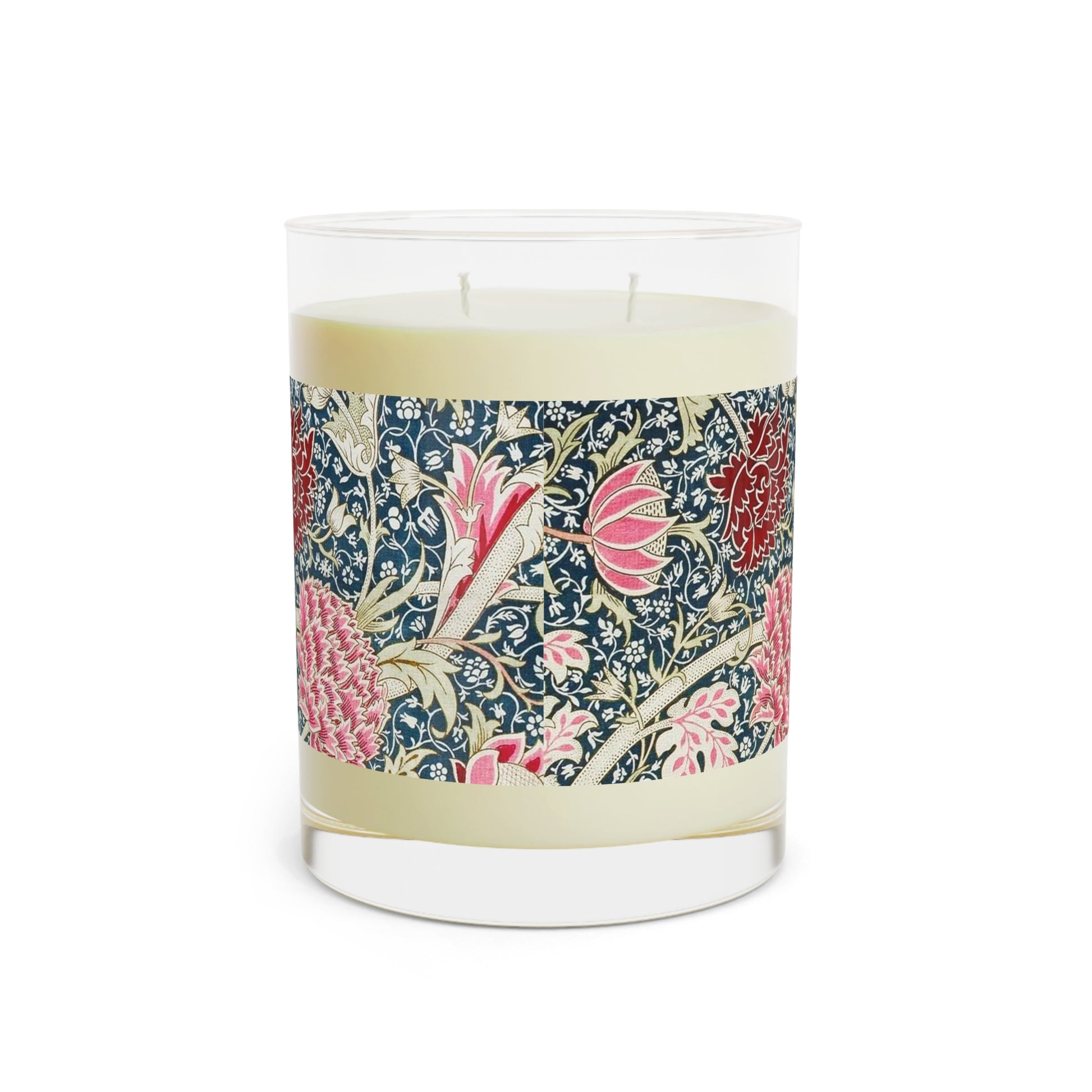 Luxury Scented Candle in a glass jar with a brown paper lid inspired by William Morris  & Co in an Arts & Crafts pattern called Cray with pink and blue flowers