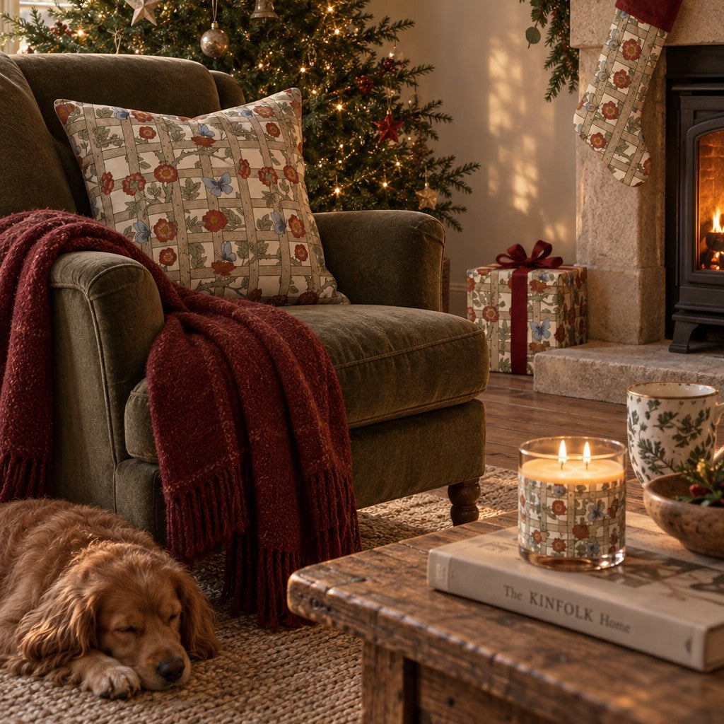A cozy holiday living room scene with an olive green armchair, a red throw blanket, a patterned pillow, a lit candle on a wooden table, a sleeping dog on the rug, a Christmas tree, fireplace, stockings, and wrapped gifts.
