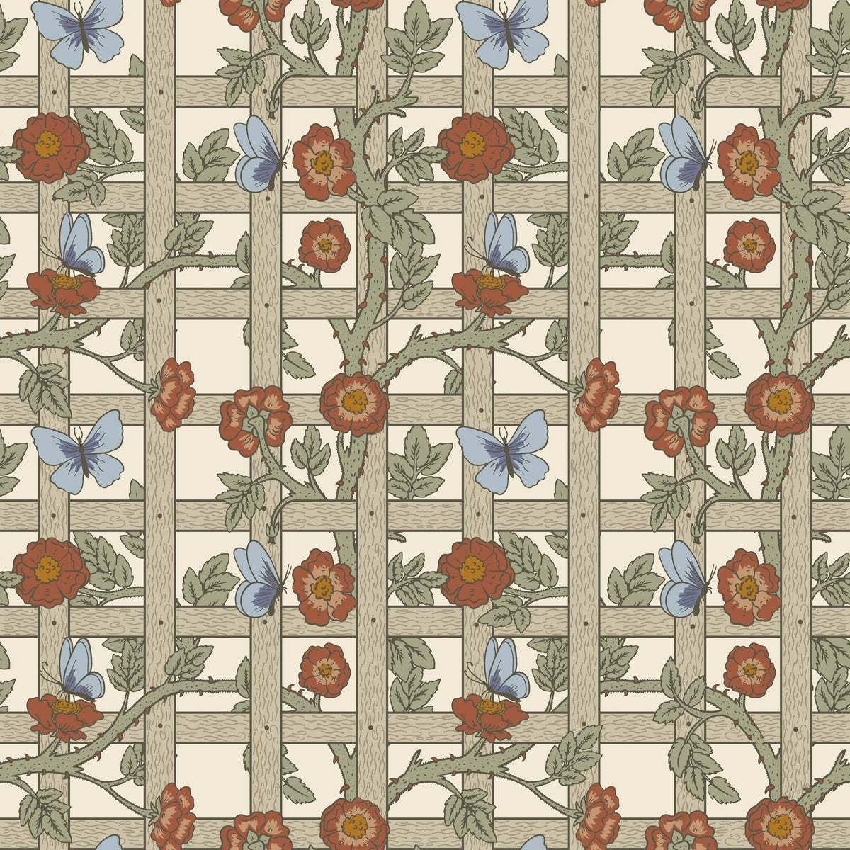 Decorative pattern with flowers and butterflies on a lattice background
