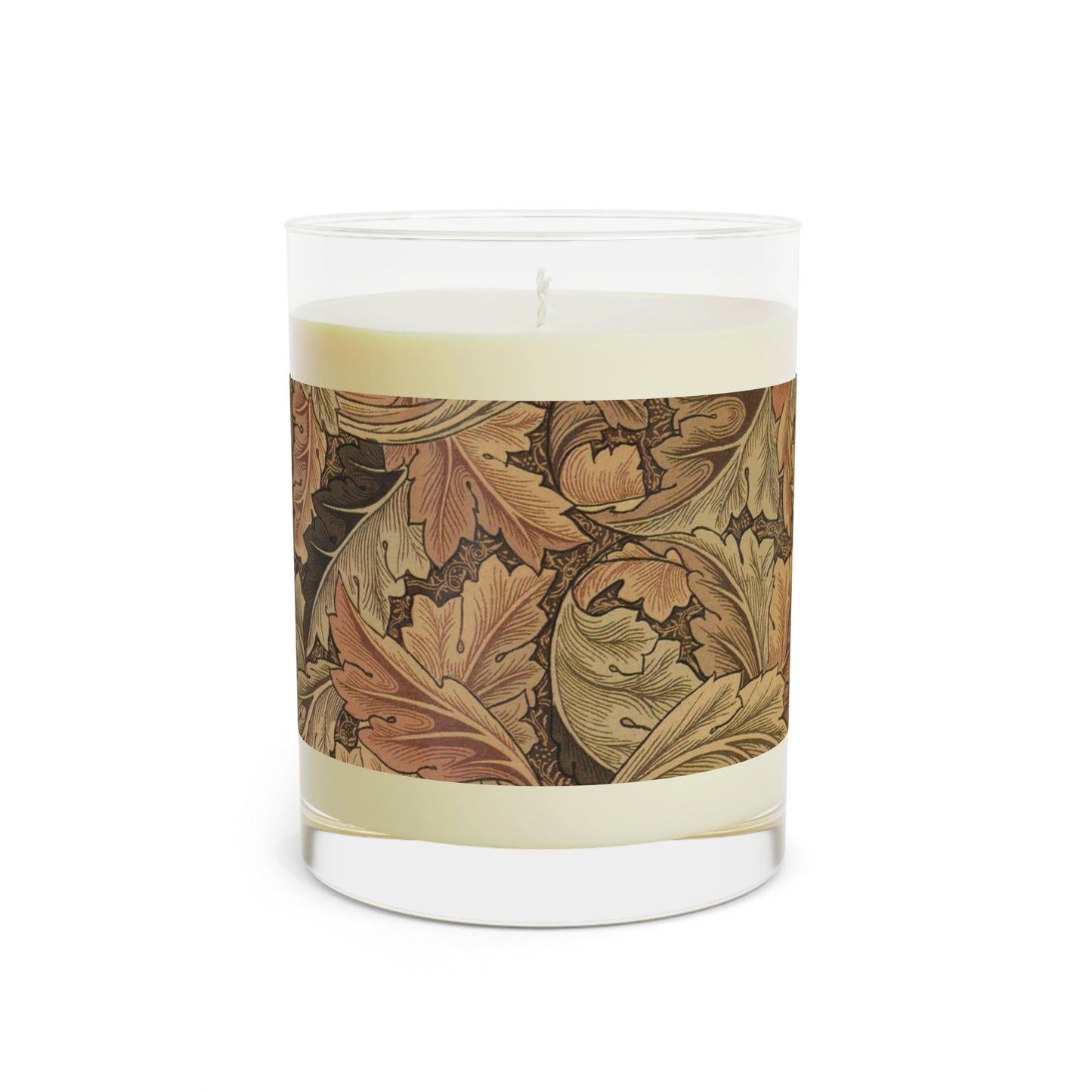 A brown luxury scented candle with a floral William Morris & Co patterned label, alongside a brown cardboard lid with text. The candle is placed in a clear glass jar.