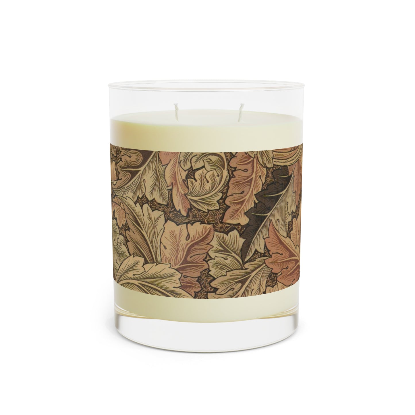 A brown luxury scented candle with a floral William Morris & Co patterned label, alongside a brown cardboard lid with text. The candle is placed in a clear glass jar.