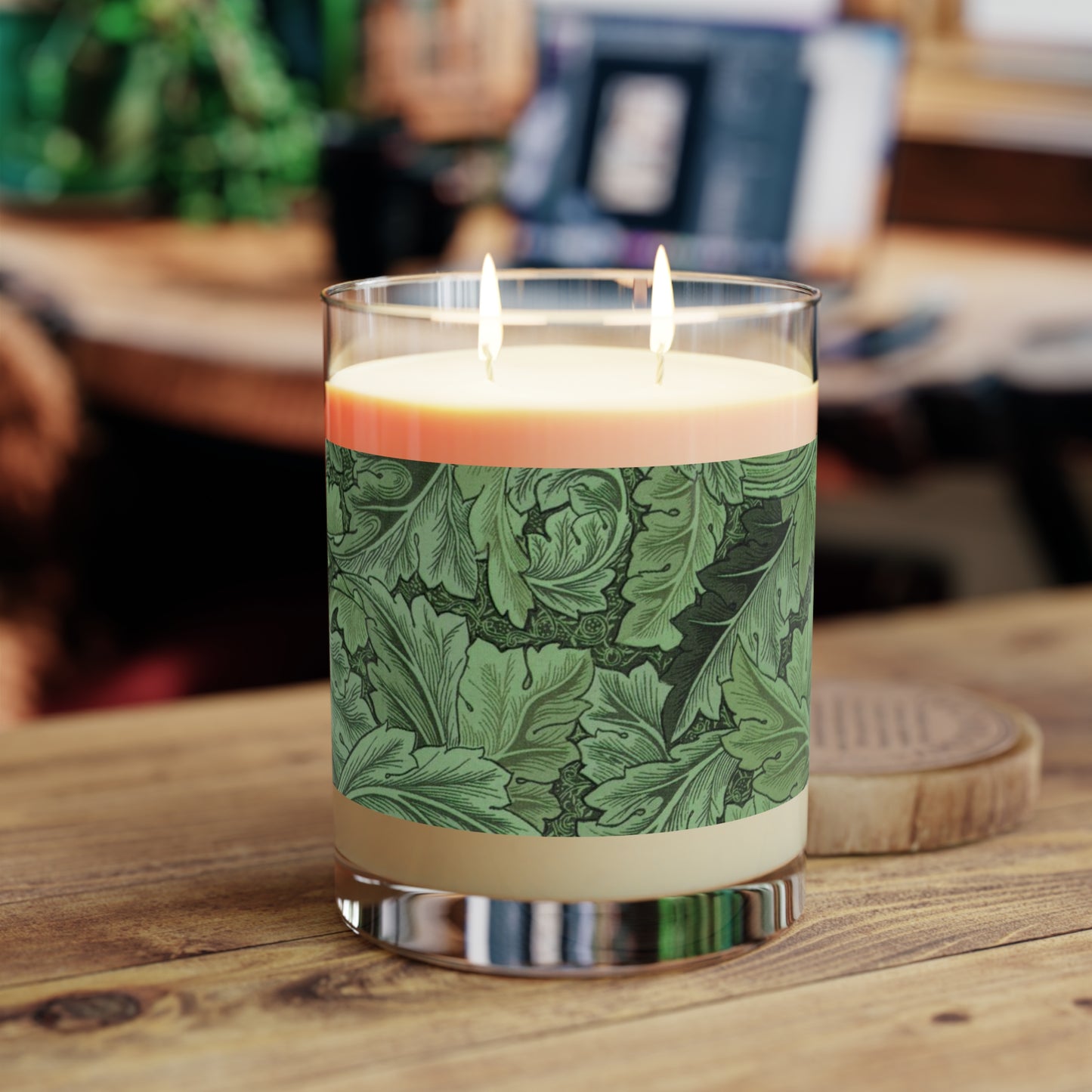 Luxury Scented Candle  in a glass container with a brown paper lid inspired by William Morris & Co in an Arts & Crafts pattern called Acanthus Collection (Green)