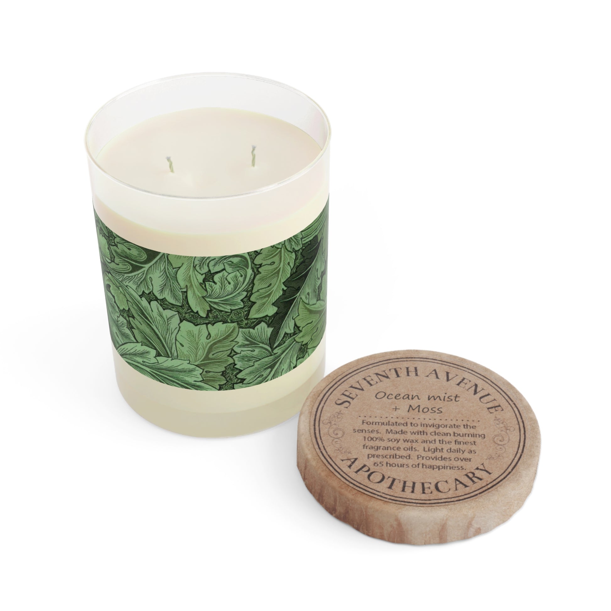 Luxury Scented Candle  in a glass container with a brown paper lid inspired by William Morris & Co in an Arts & Crafts pattern called Acanthus Collection (Green)