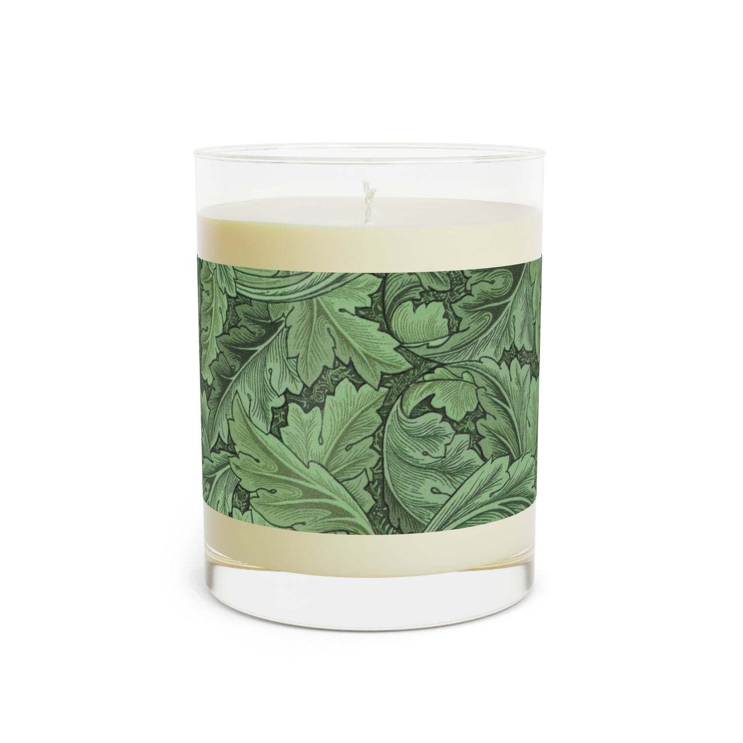 Luxury Scented Candle  in a glass container with a brown paper lid inspired by William Morris & Co in an Arts & Crafts pattern called Acanthus Collection (Green)