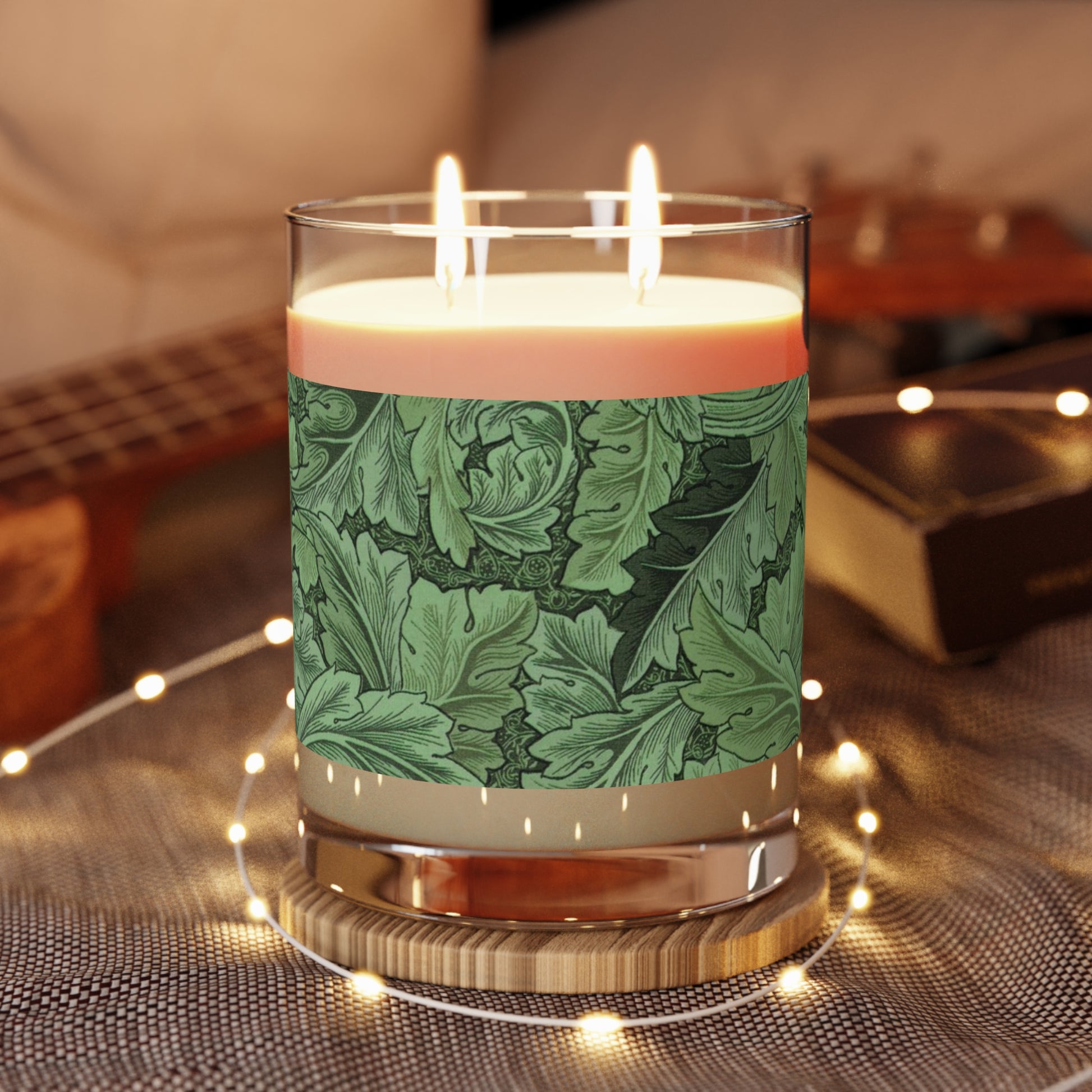 Luxury Scented Candle  in a glass container with a brown paper lid inspired by William Morris & Co in an Arts & Crafts pattern called Acanthus Collection (Green)