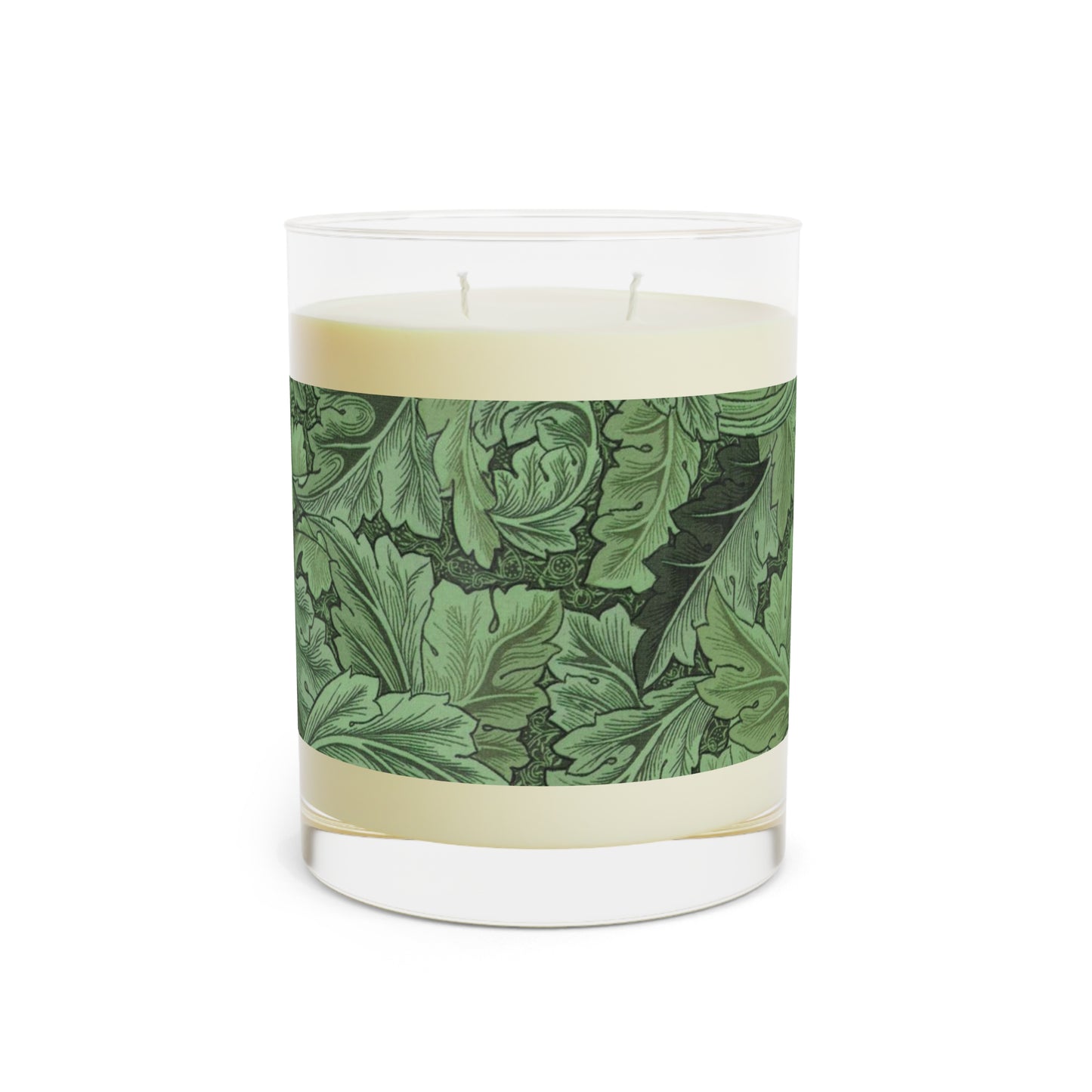 Luxury Scented Candle  in a glass container with a brown paper lid inspired by William Morris & Co in an Arts & Crafts pattern called Acanthus Collection (Green)