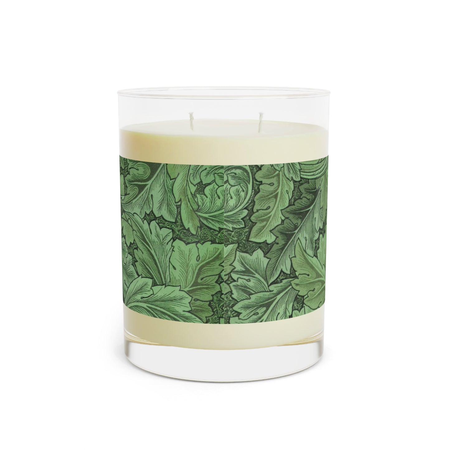 Luxury Scented Candle  in a glass container with a brown paper lid inspired by William Morris & Co in an Arts & Crafts pattern called Acanthus Collection (Green)