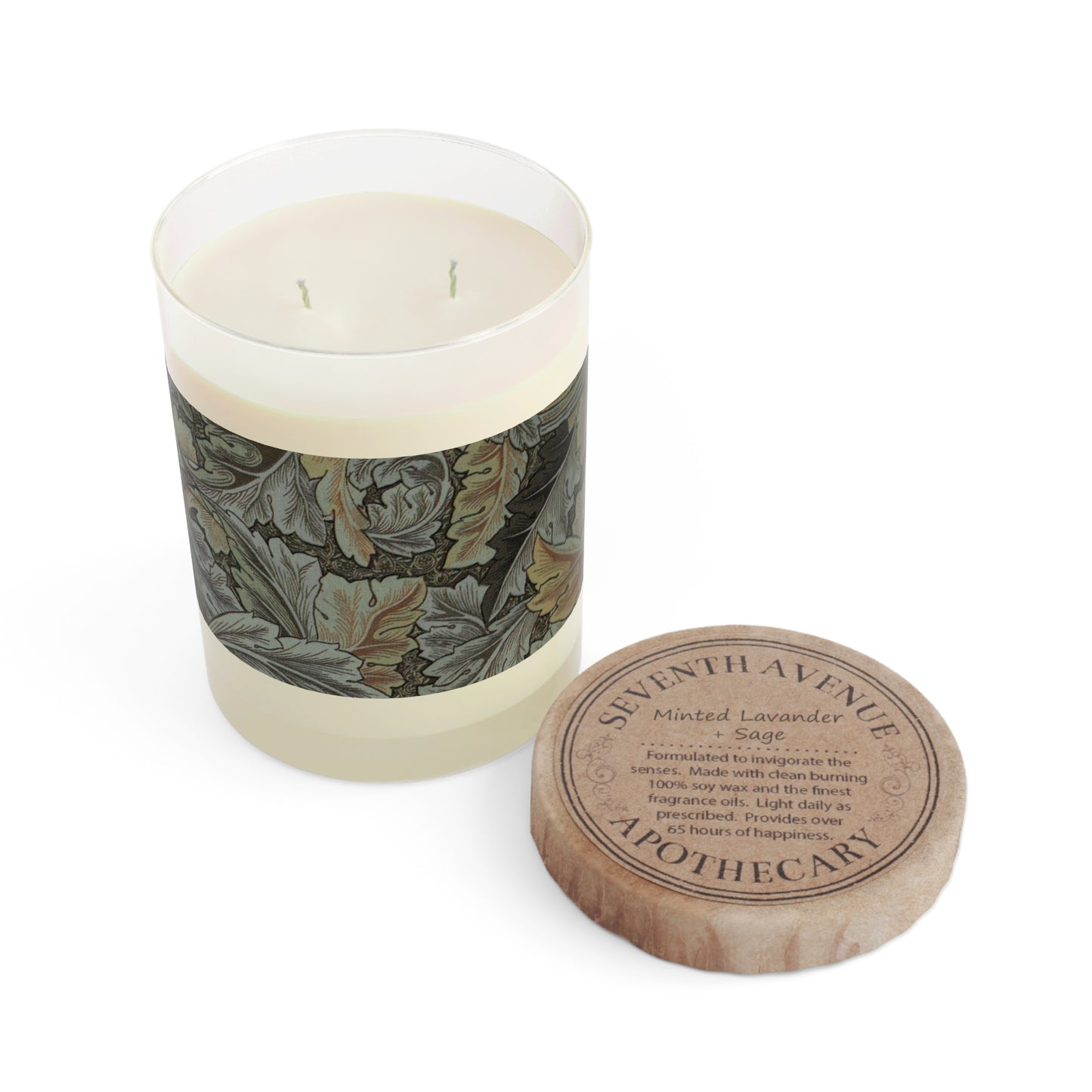 Luxury Scented Candle  in a glass jar with a brown paper lid inspired by William Morris & Co in an Arts & Crafts pattern called Acanthus Collection (Grey)