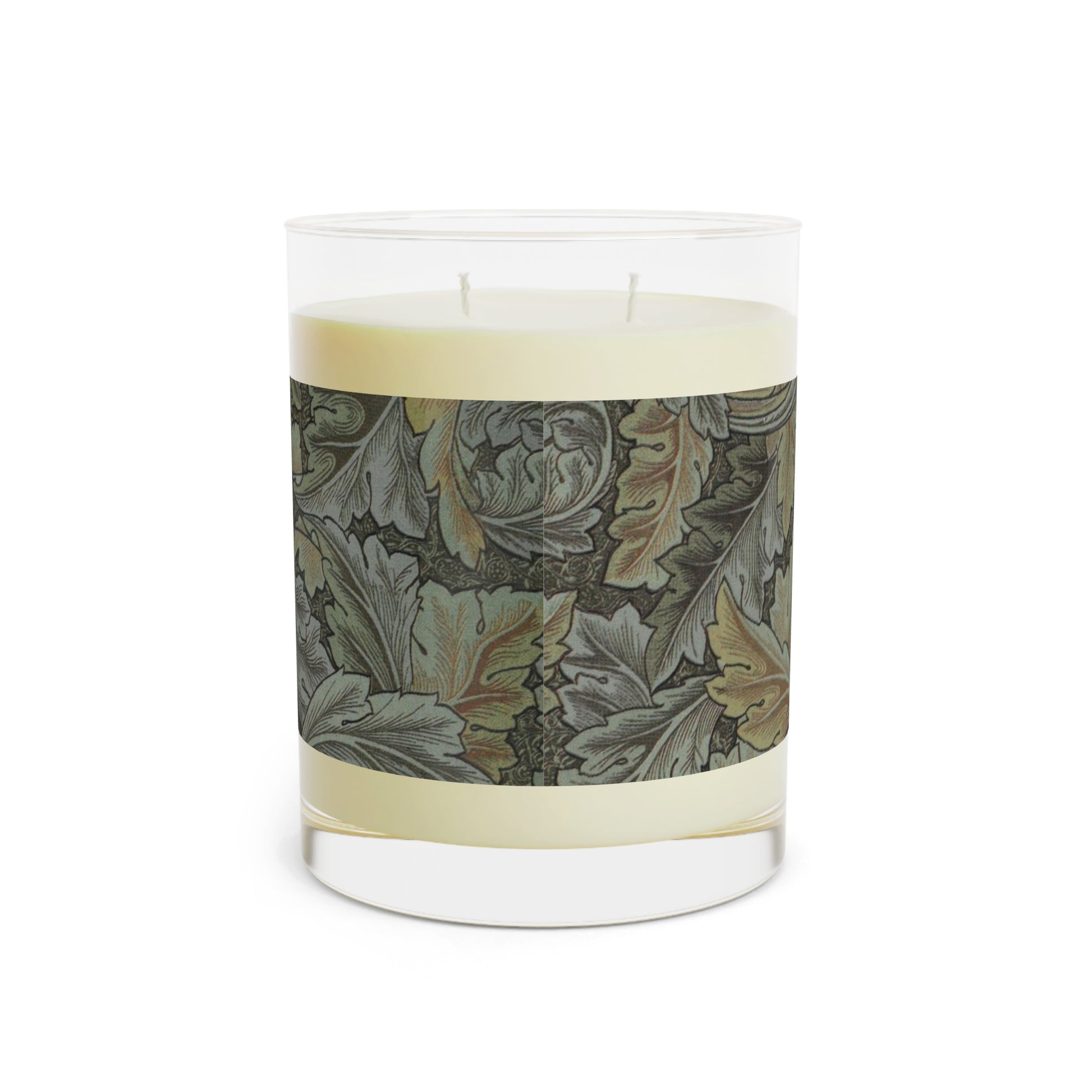 Luxury Scented Candle  in a glass jar with a brown paper lid inspired by William Morris & Co in an Arts & Crafts pattern called Acanthus Collection (Grey)