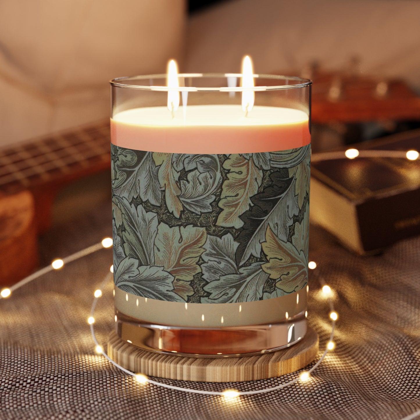 Luxury Scented Candle  in a glass jar with a brown paper lid inspired by William Morris & Co in an Arts & Crafts pattern called Acanthus Collection (Grey)