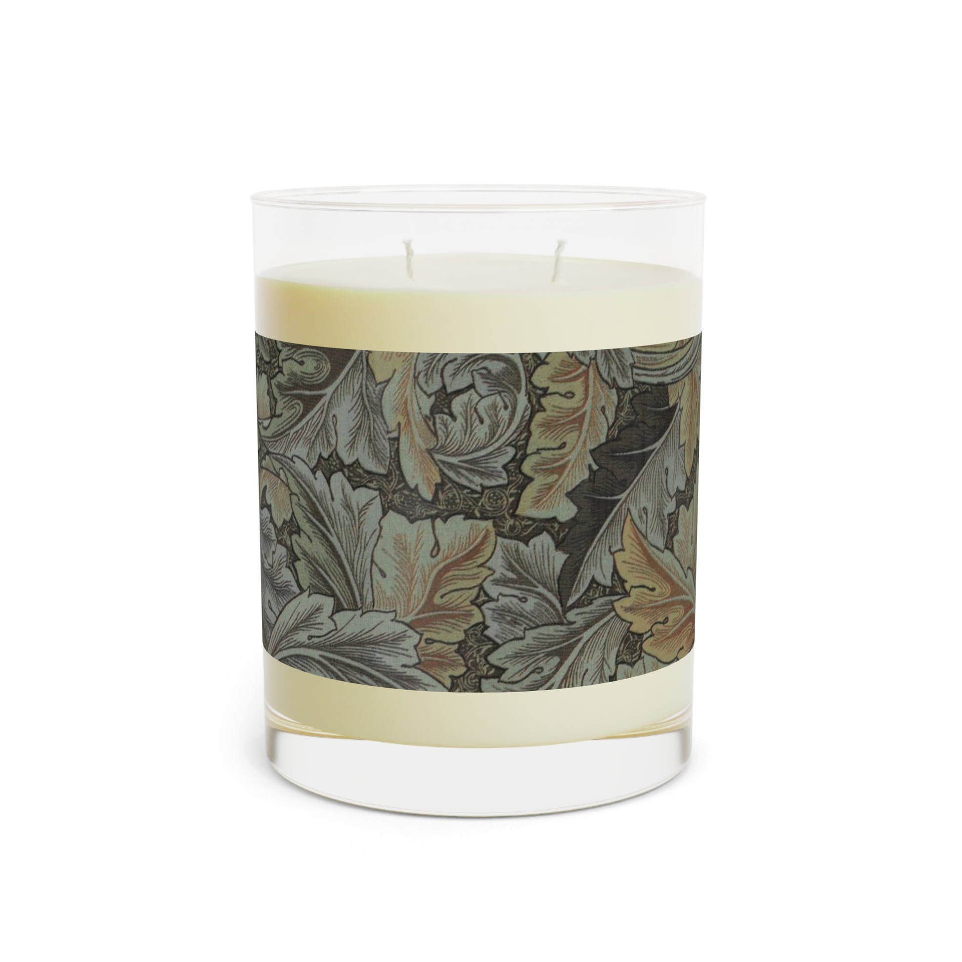 Luxury Scented Candle  in a glass jar with a brown paper lid inspired by William Morris & Co in an Arts & Crafts pattern called Acanthus Collection (Grey)