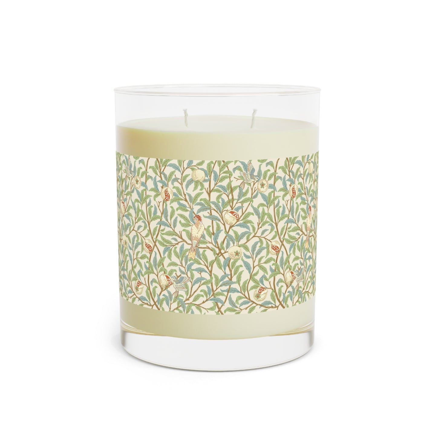 Luxury Scented Candle in an Arts & Crafts pattern inspired by William Morris & Co called Bird and Pomegranate Collection (Parchment) by Kathleen Kersey