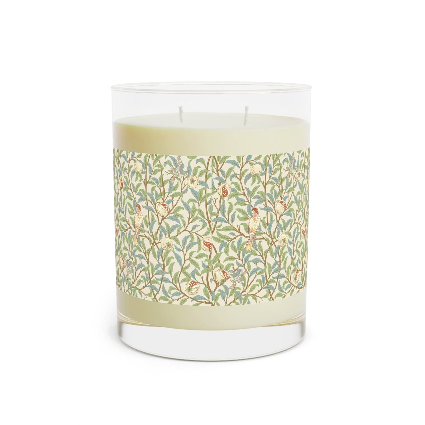 Luxury Scented Candle in an Arts & Crafts pattern inspired by William Morris & Co called Bird and Pomegranate Collection (Parchment) by Kathleen Kersey