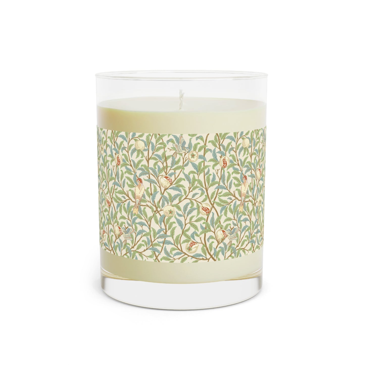 Luxury Scented Candle in an Arts & Crafts pattern inspired by William Morris & Co called Bird and Pomegranate Collection (Parchment) by Kathleen Kersey