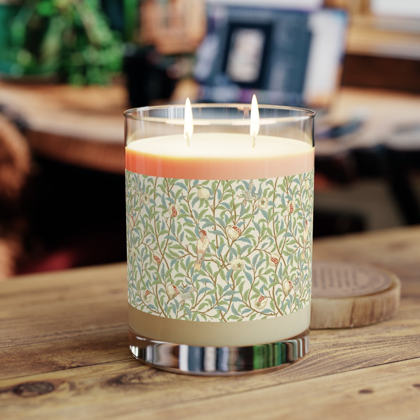 Luxury Scented Candle in an Arts & Crafts pattern inspired by William Morris & Co called Bird and Pomegranate Collection (Parchment) by Kathleen Kersey