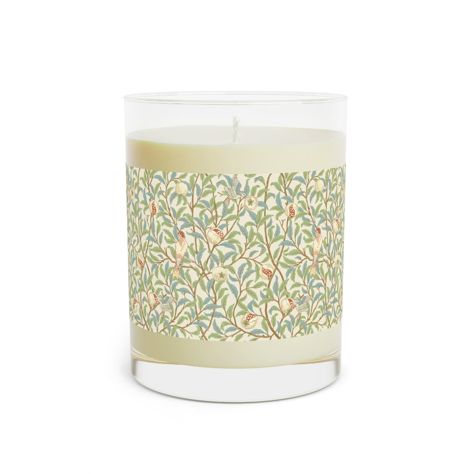 Luxury Scented Candle in an Arts & Crafts pattern inspired by William Morris & Co called Bird and Pomegranate Collection (Parchment) by Kathleen Kersey