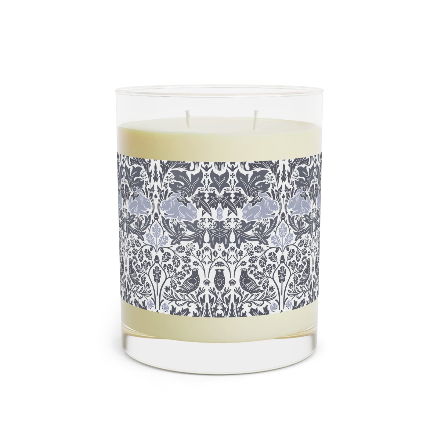 Candle with a decorative label on a white background