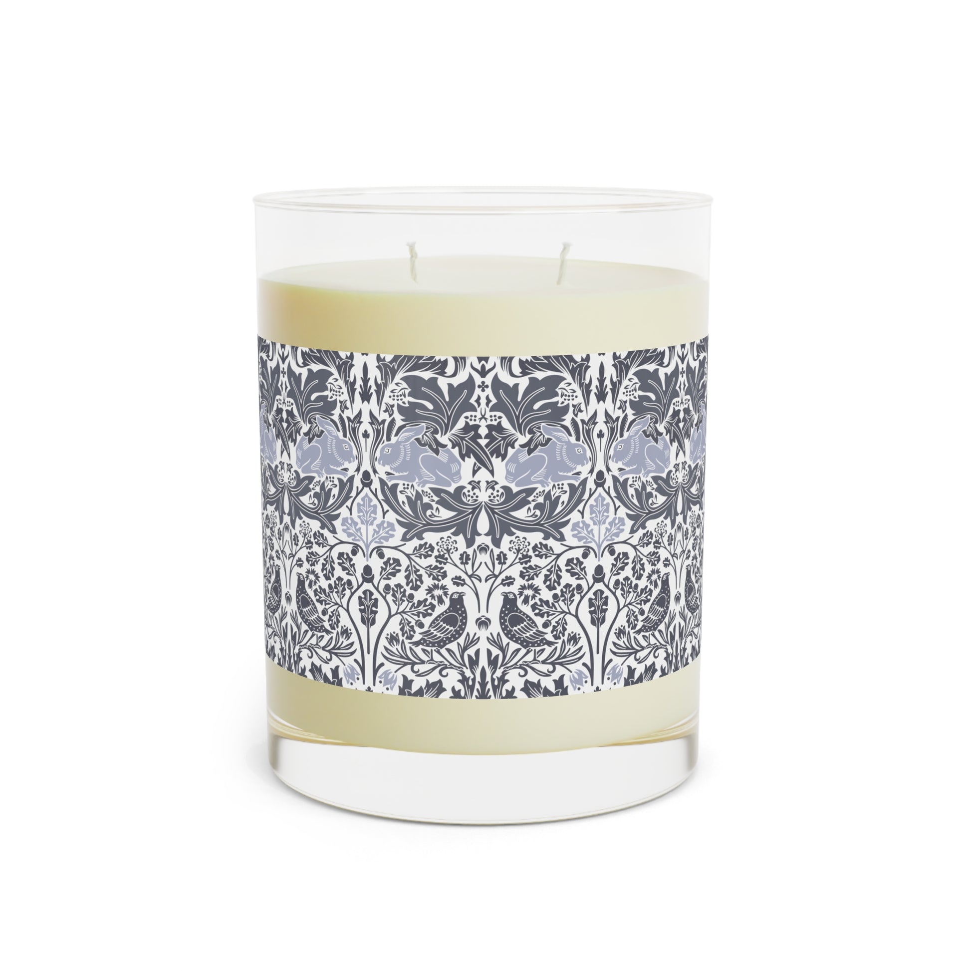 Candle with a decorative label on a white background
