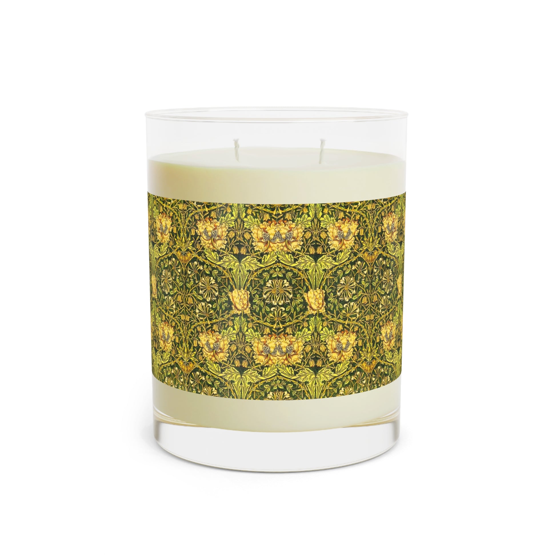 Luxury Scented Candle in a glass jar with a brown paper lid in an Arts & Crafts pattern inspired by William Morris & Co called Honeysuckle Collection (Gold)