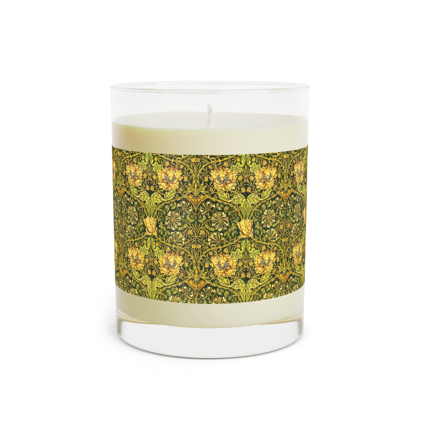 Luxury Scented Candle in a glass jar with a brown paper lid in an Arts & Crafts pattern inspired by William Morris & Co called Honeysuckle Collection (Gold)