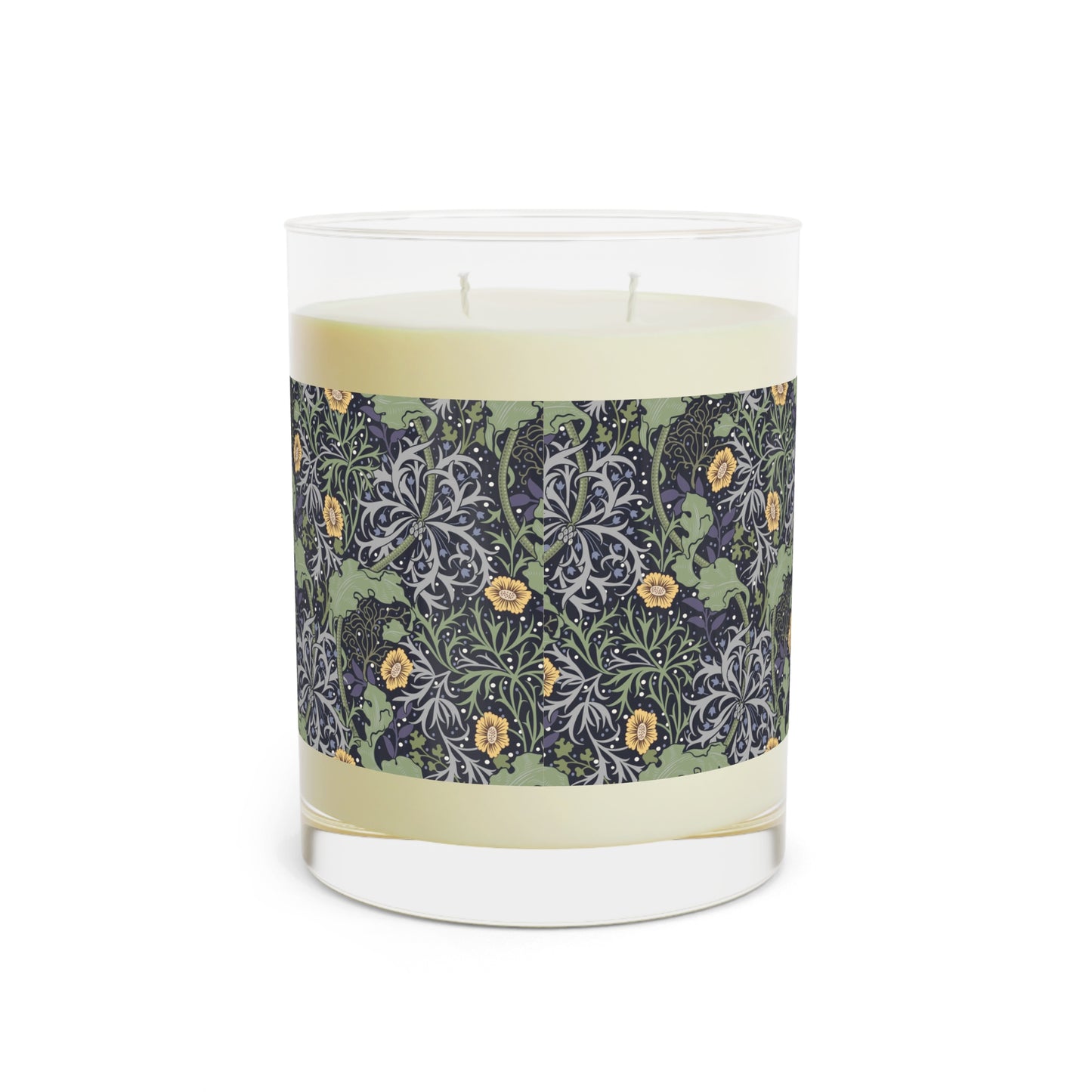 A luxury scented soy wax candle in a glass jar with a William Morris floral pattern wrapping around the glass jar, labeled 'Seaweed Collection (Yellow Flower)'
