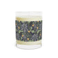 A luxury scented soy wax candle in a glass jar with a William Morris floral pattern wrapping around the glass jar, labeled 'Seaweed Collection (Yellow Flower)'
