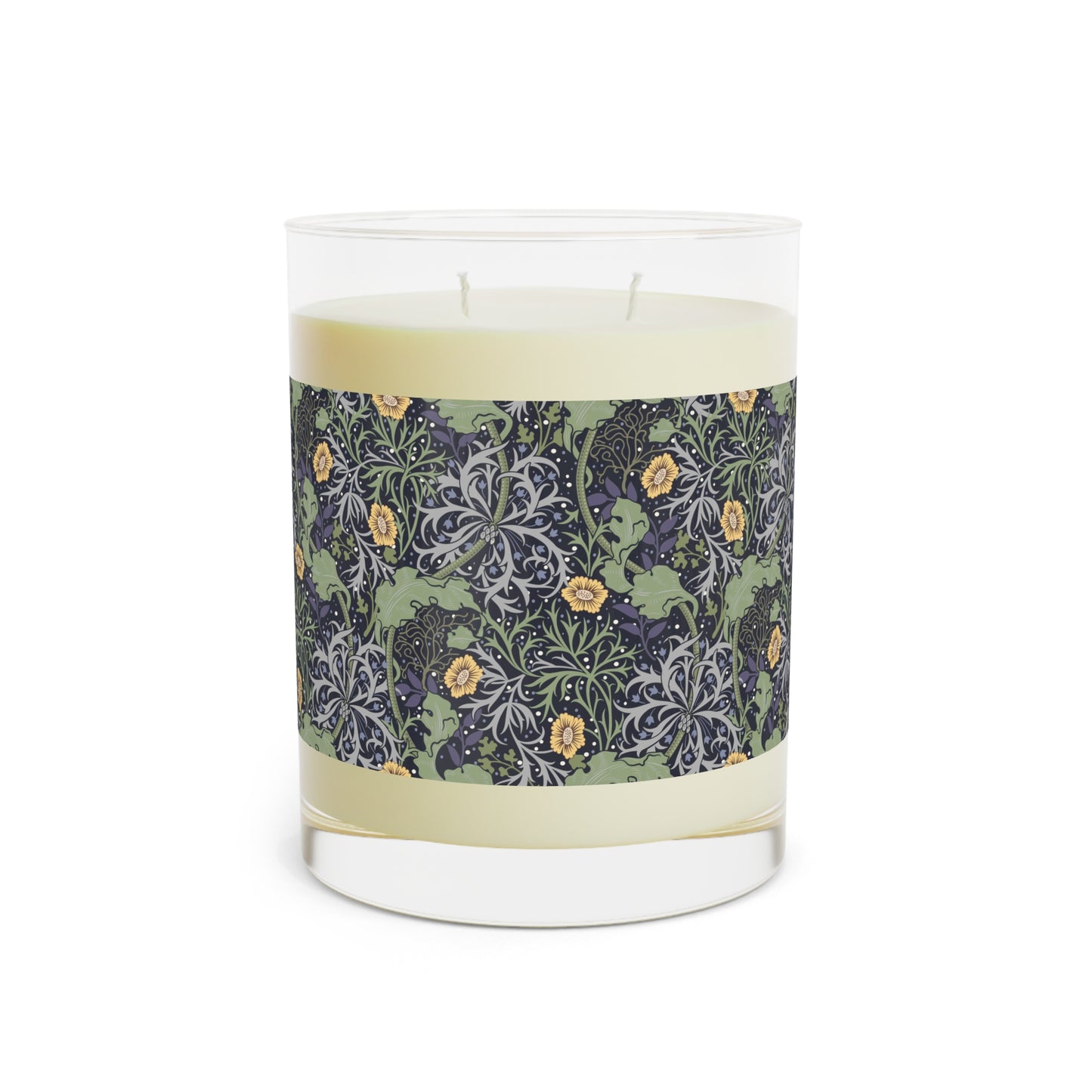 A luxury scented soy wax candle in a glass jar with a William Morris floral pattern wrapping around the glass jar, labeled 'Seaweed Collection (Yellow Flower)'