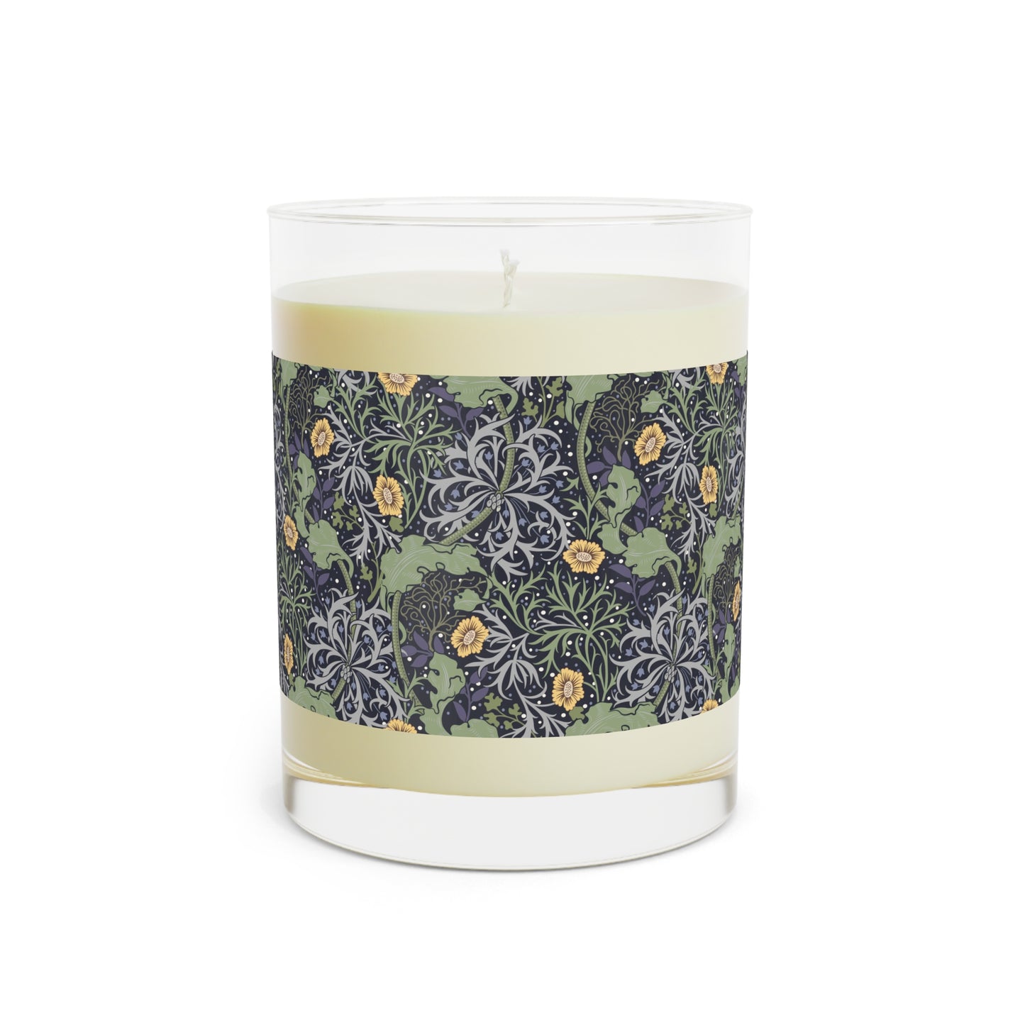 A luxury scented soy wax candle in a glass jar with a William Morris floral pattern wrapping around the glass jar, labeled 'Seaweed Collection (Yellow Flower)'