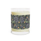 A luxury scented soy wax candle in a glass jar with a William Morris floral pattern wrapping around the glass jar, labeled 'Seaweed Collection (Yellow Flower)'