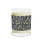 A luxury scented soy wax candle in a glass jar with a William Morris floral pattern wrapping around the glass jar, labeled 'Seaweed Collection (Yellow Flower)'