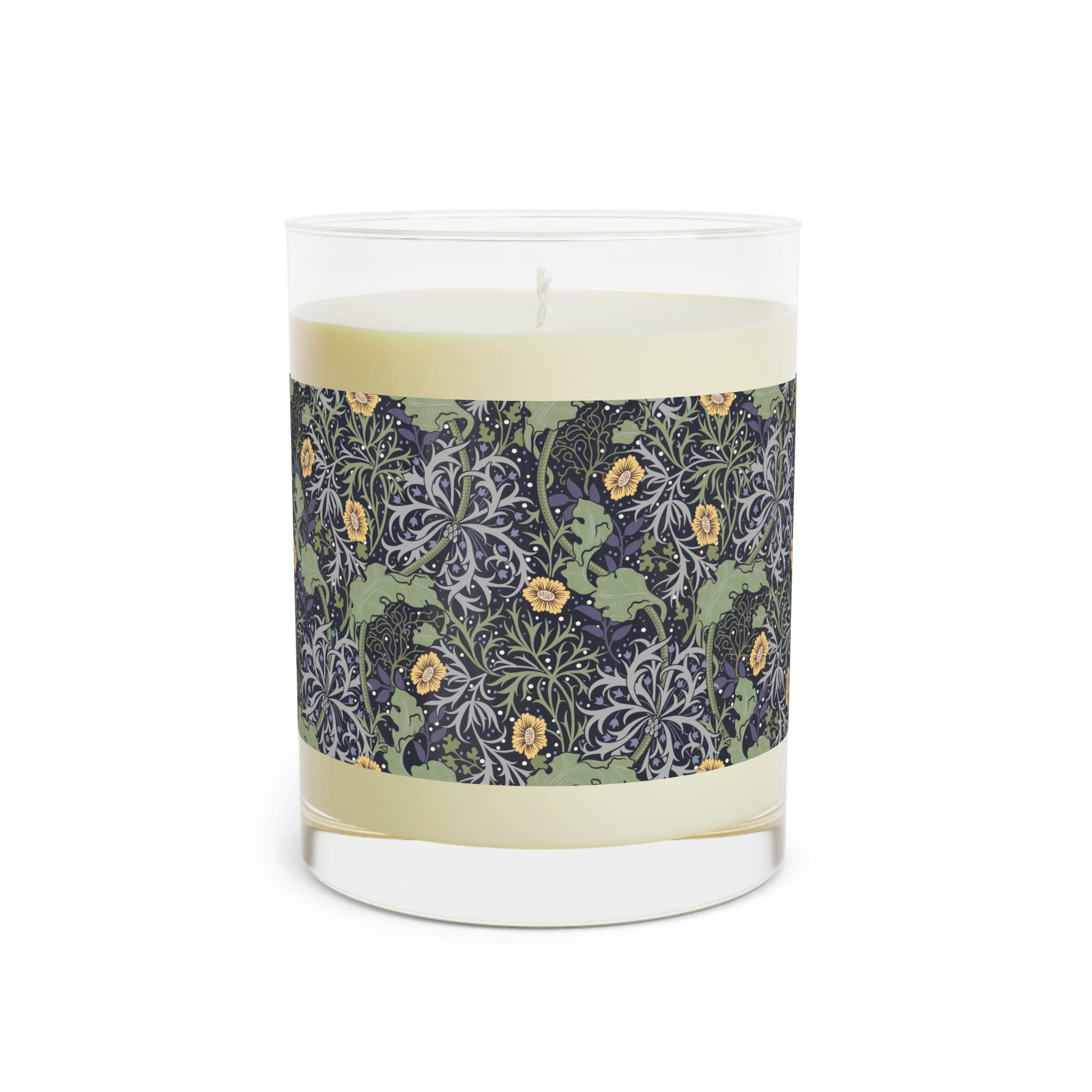 A luxury scented soy wax candle in a glass jar with a William Morris floral pattern wrapping around the glass jar, labeled 'Seaweed Collection (Yellow Flower)'