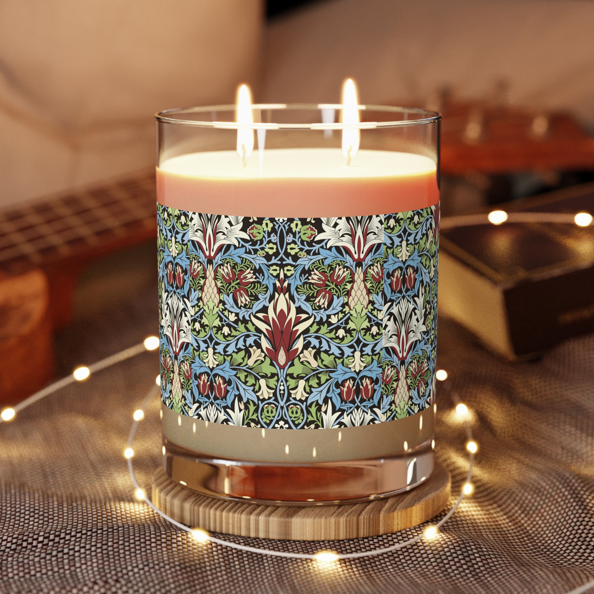 Luxury Scented Candle with two cotton wicks in a pattern by William Morris  & Co called Snakeshead Collection. Blue, red, white and green