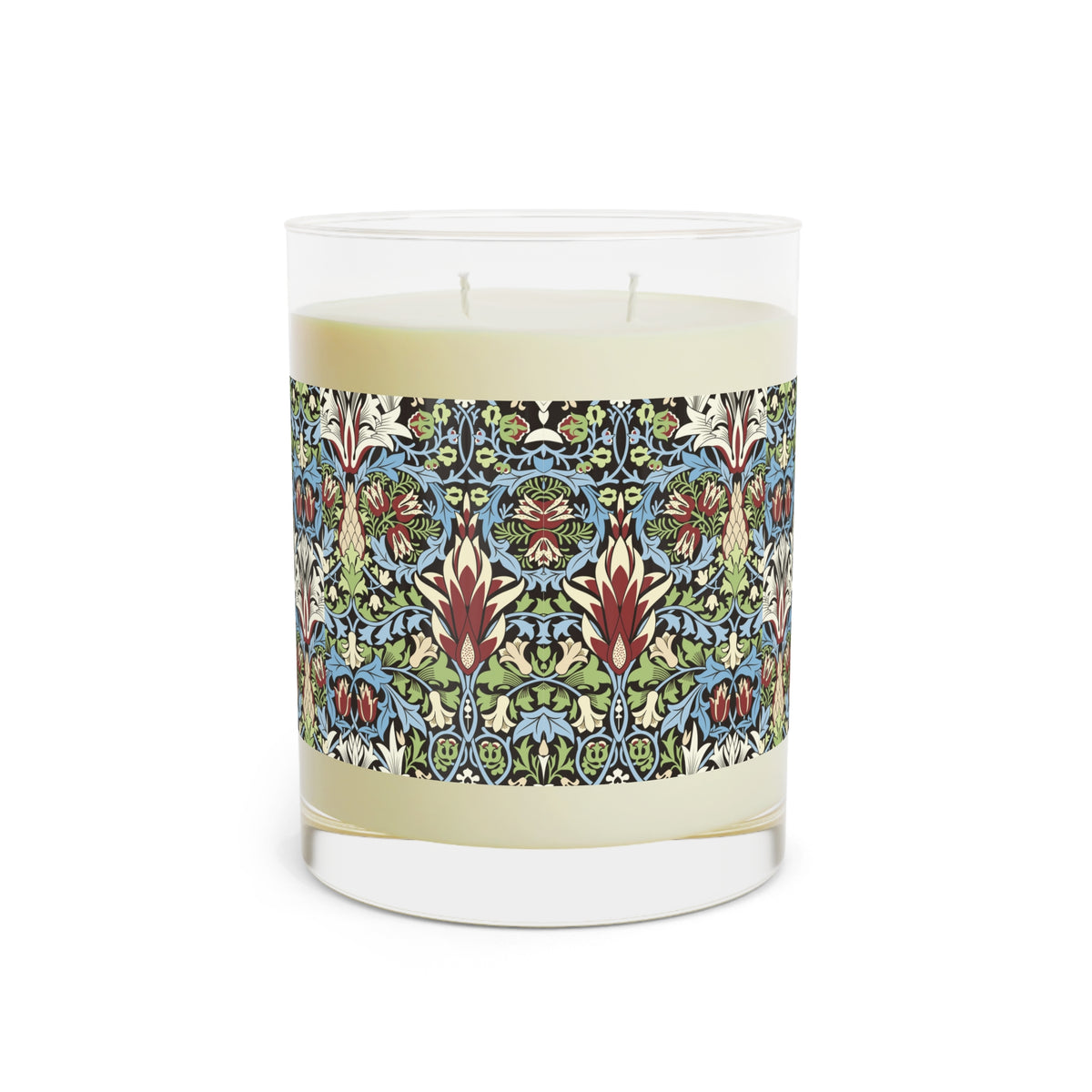Luxury Scented Candle in a glass container with two cotton wicks in a pattern by William Morris  & Co called Snakeshead Collection. Blue, red, white and green