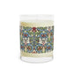 Luxury Scented Candle in a glass container with two cotton wicks in a pattern by William Morris  & Co called Snakeshead Collection. Blue, red, white and green