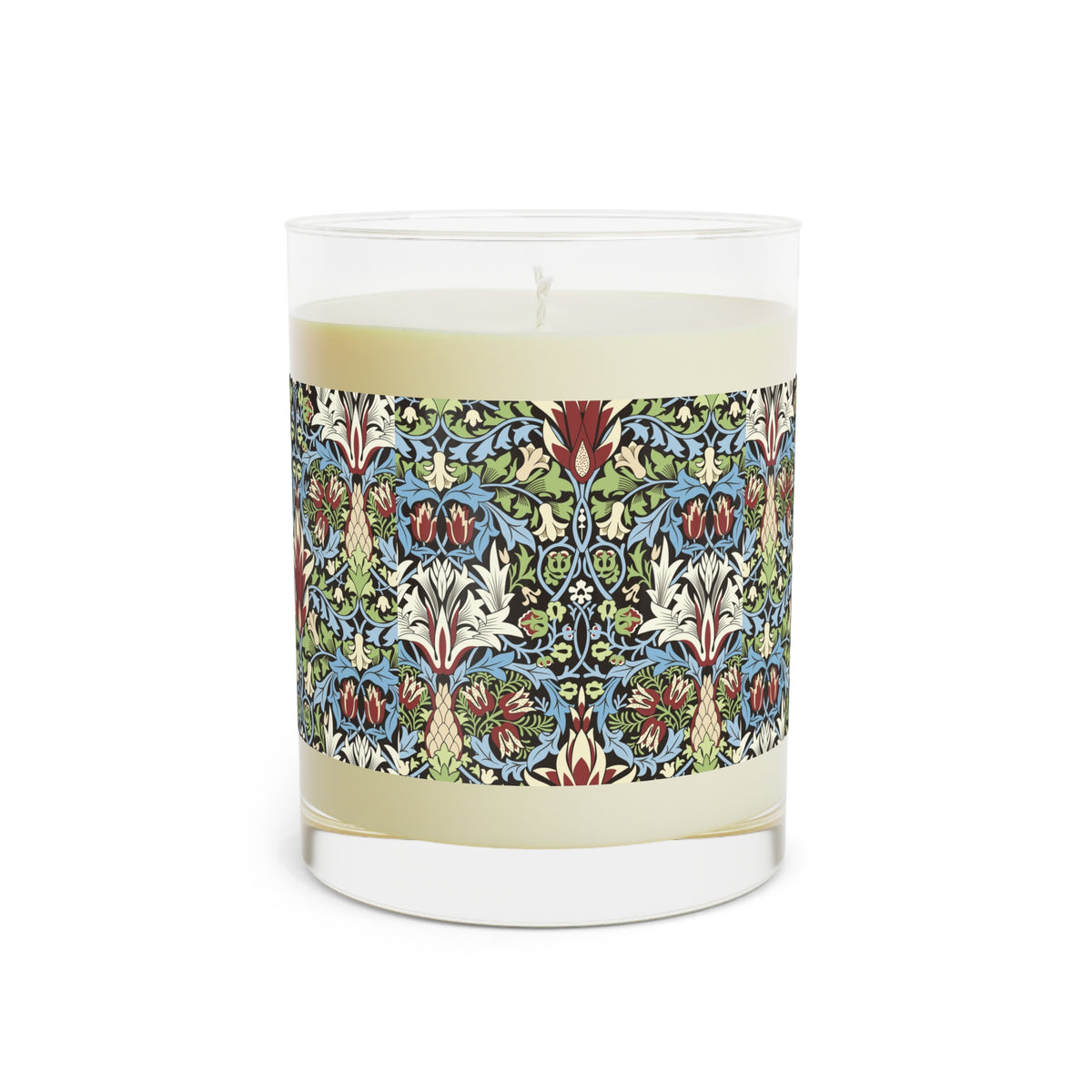 Luxury Scented Candle in a glass container with two cotton wicks in a pattern by William Morris  & Co called Snakeshead Collection. Blue, red, white and green