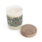 Luxury Scented Candle in a glass container with two cotton wicks in a pattern by William Morris  & Co called Snakeshead Collection. Blue, red, white and green