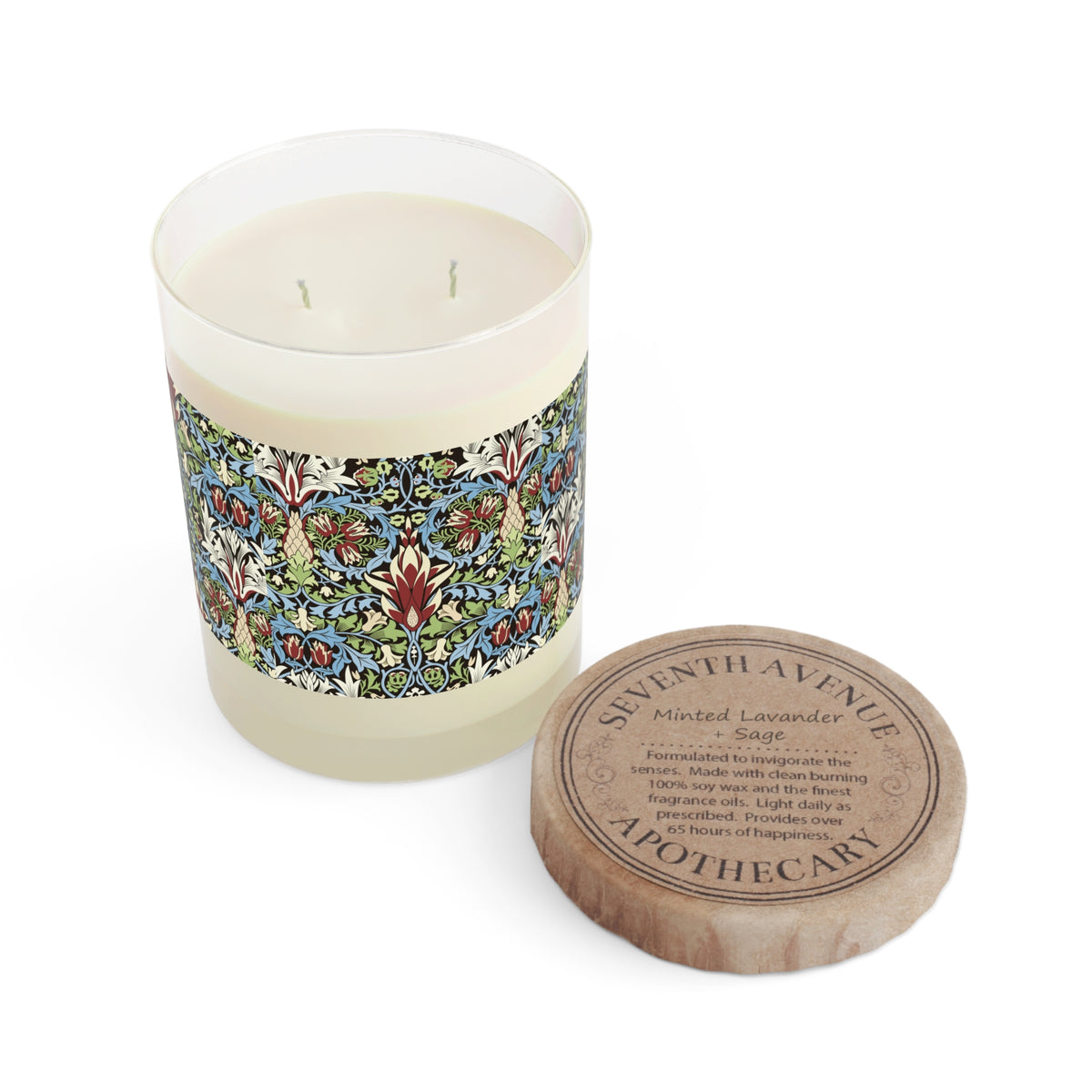 Luxury Scented Candle in a glass container with two cotton wicks in a pattern by William Morris  & Co called Snakeshead Collection. Blue, red, white and green