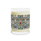 Luxury Scented Candle in a glass container with two cotton wicks in a pattern by William Morris  & Co called Snakeshead Collection. Blue, red, white and green