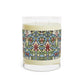 Luxury Scented Candle in a glass container with two cotton wicks in a pattern by William Morris  & Co called Snakeshead Collection. Blue, red, white and green