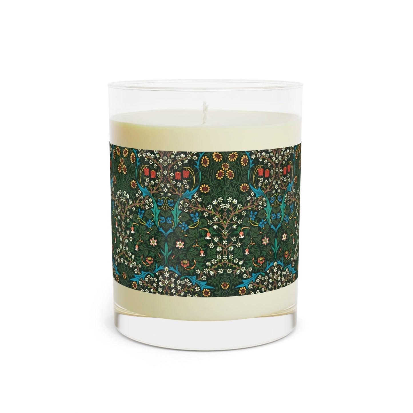 Luxury Scented Candle  in a glass jar with a brown paper lid inspired by William Morris & Co in an Arts & Crafts pattern called Tulip Collection with Red, Blue and Green