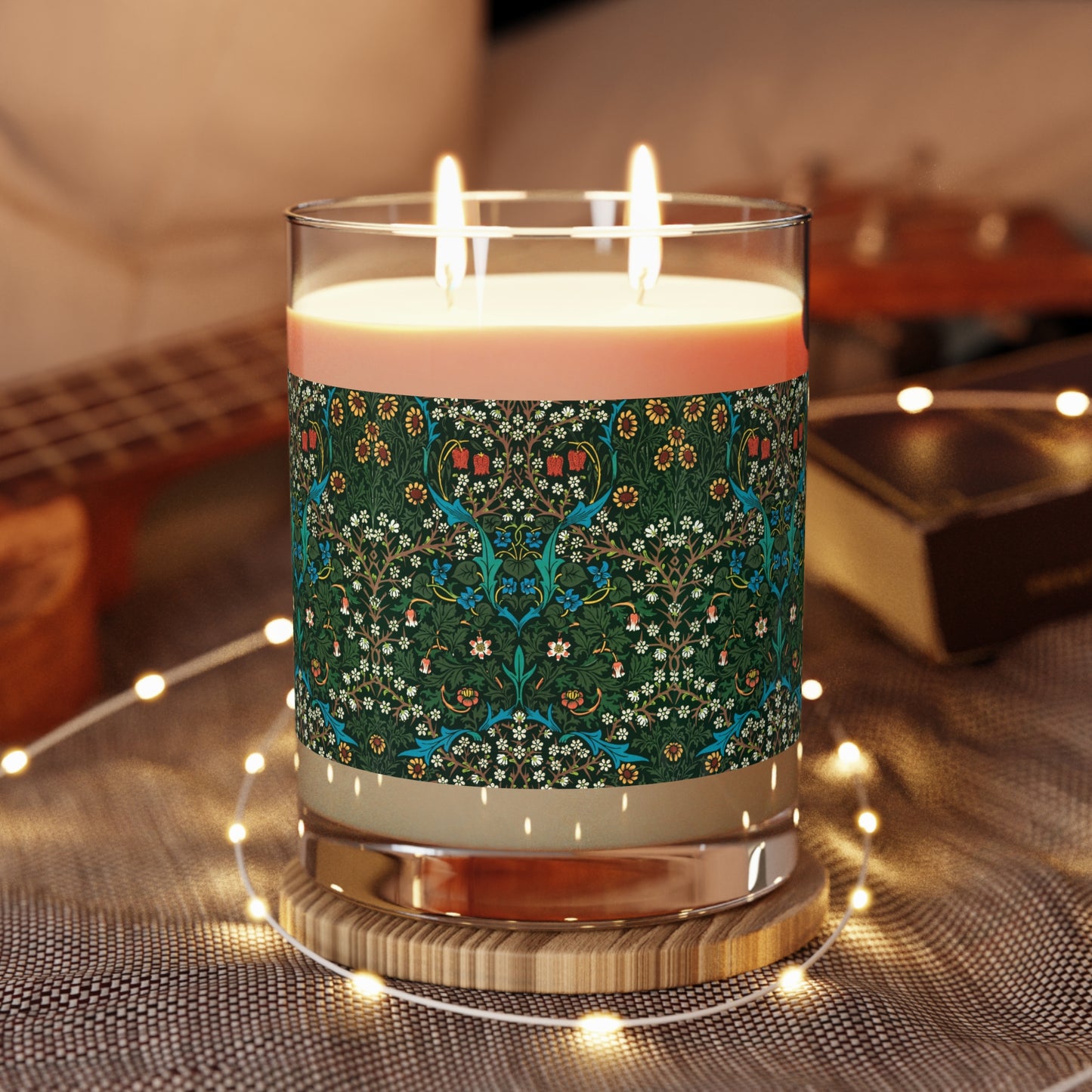 Luxury Scented Candle  in a glass jar with a brown paper lid inspired by William Morris & Co in an Arts & Crafts pattern called Tulip Collection with Red, Blue and Green