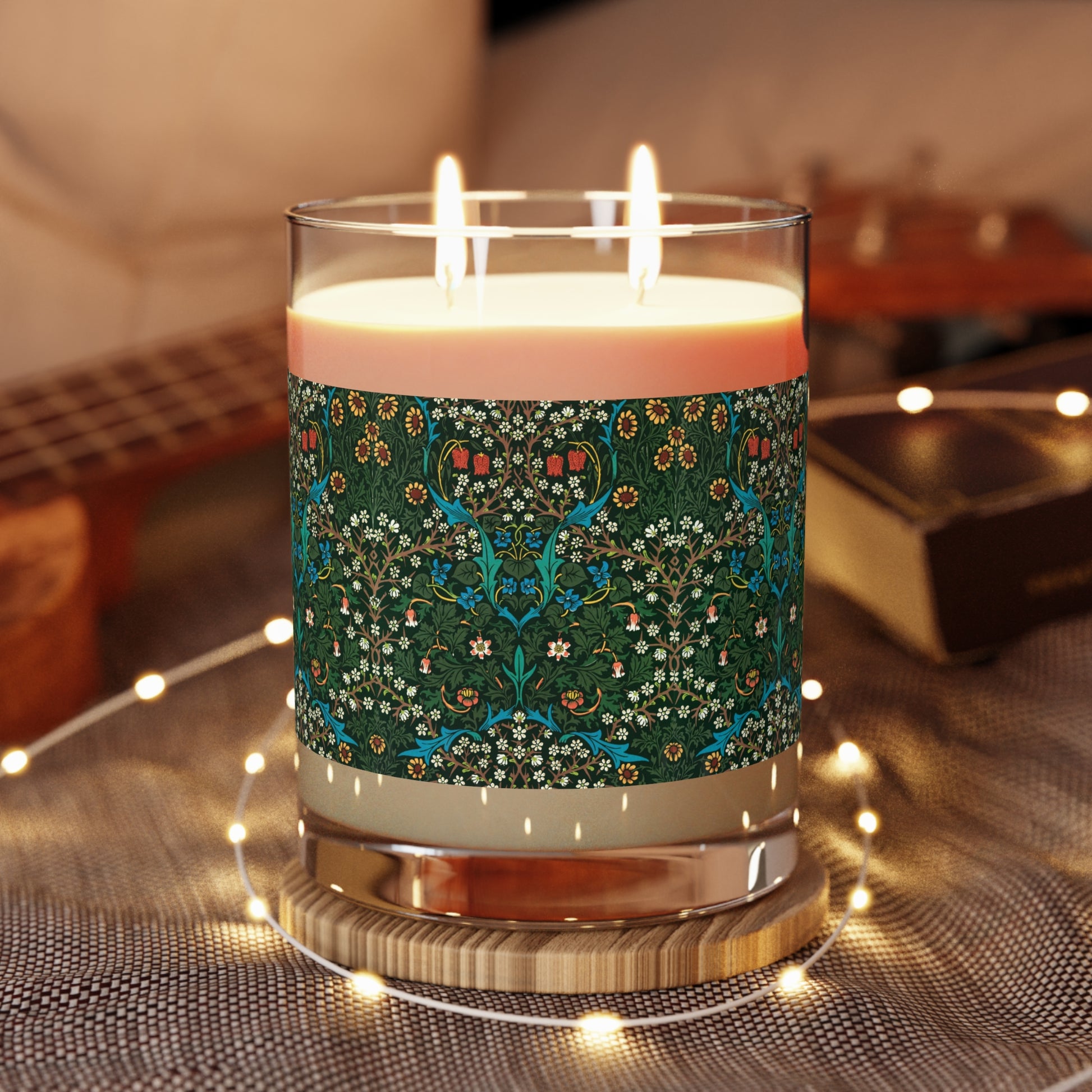 Luxury Scented Candle  in a glass jar with a brown paper lid inspired by William Morris & Co in an Arts & Crafts pattern called Tulip Collection with Red, Blue and Green