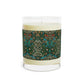 Luxury Scented Candle  in a glass jar with a brown paper lid inspired by William Morris & Co in an Arts & Crafts pattern called Tulip Collection with Red, Blue and Green