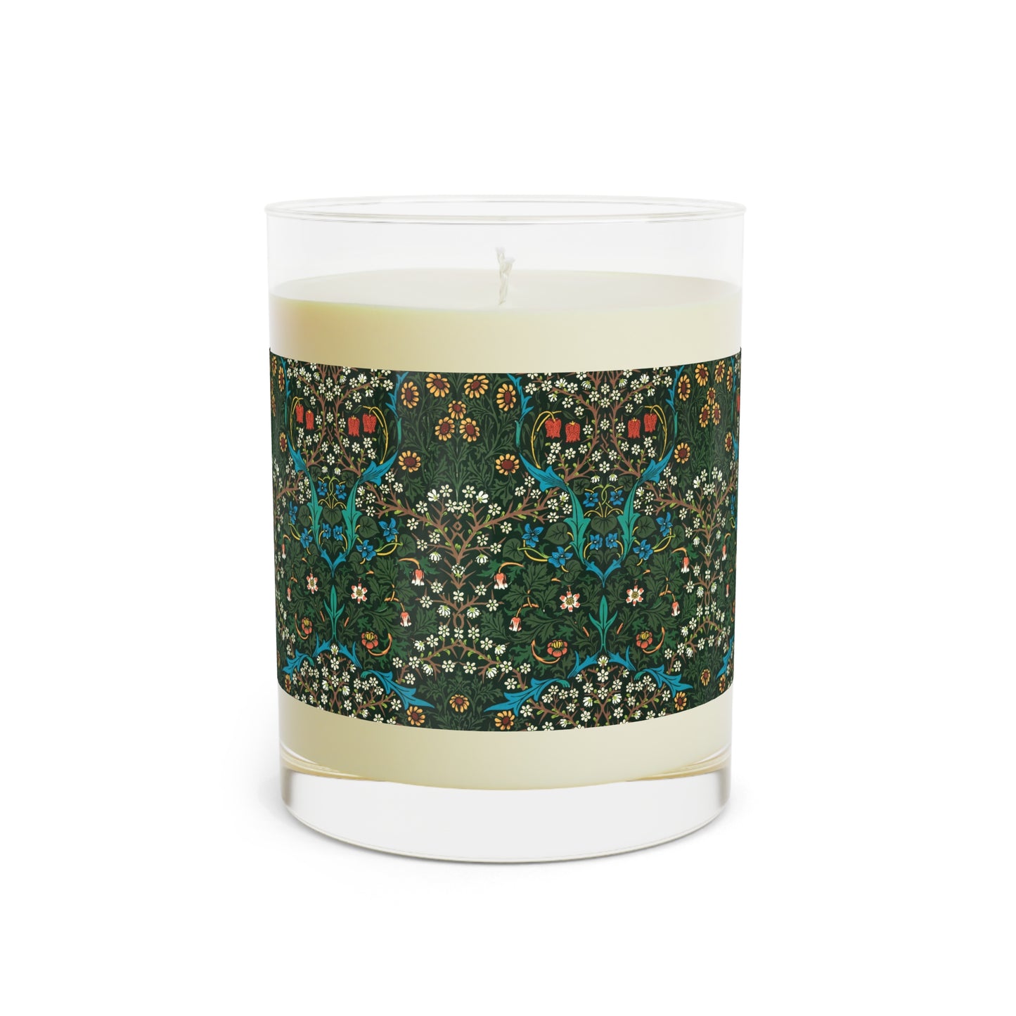 Luxury Scented Candle  in a glass jar with a brown paper lid inspired by William Morris & Co in an Arts & Crafts pattern called Tulip Collection with Red, Blue and Green