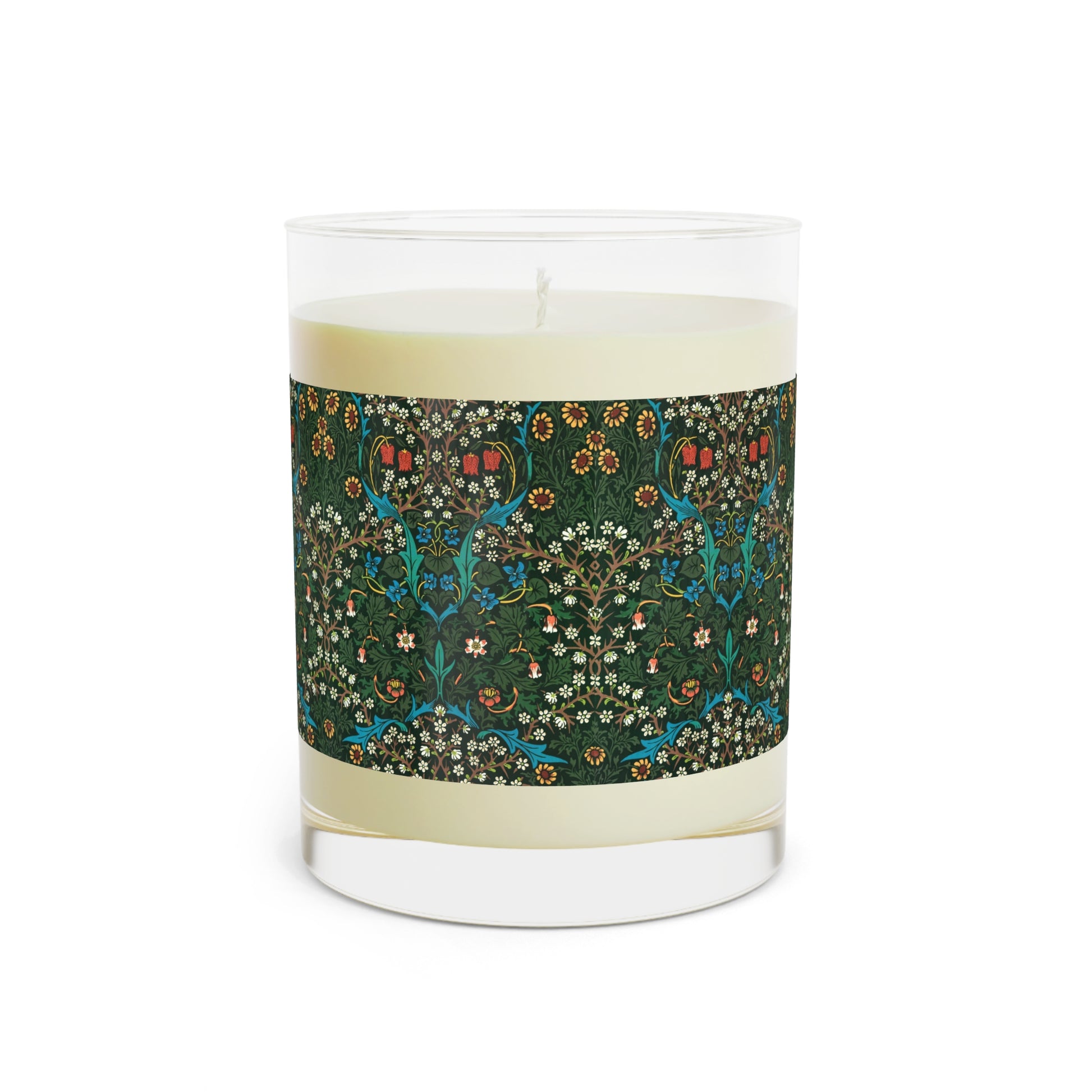 Luxury Scented Candle  in a glass jar with a brown paper lid inspired by William Morris & Co in an Arts & Crafts pattern called Tulip Collection with Red, Blue and Green