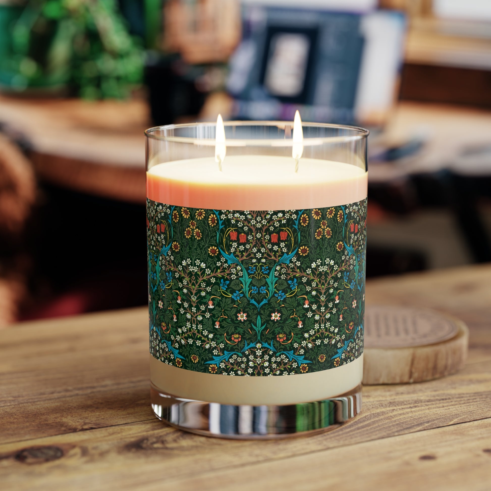 Luxury Scented Candle  in a glass jar with a brown paper lid inspired by William Morris & Co in an Arts & Crafts pattern called Tulip Collection with Red, Blue and Green