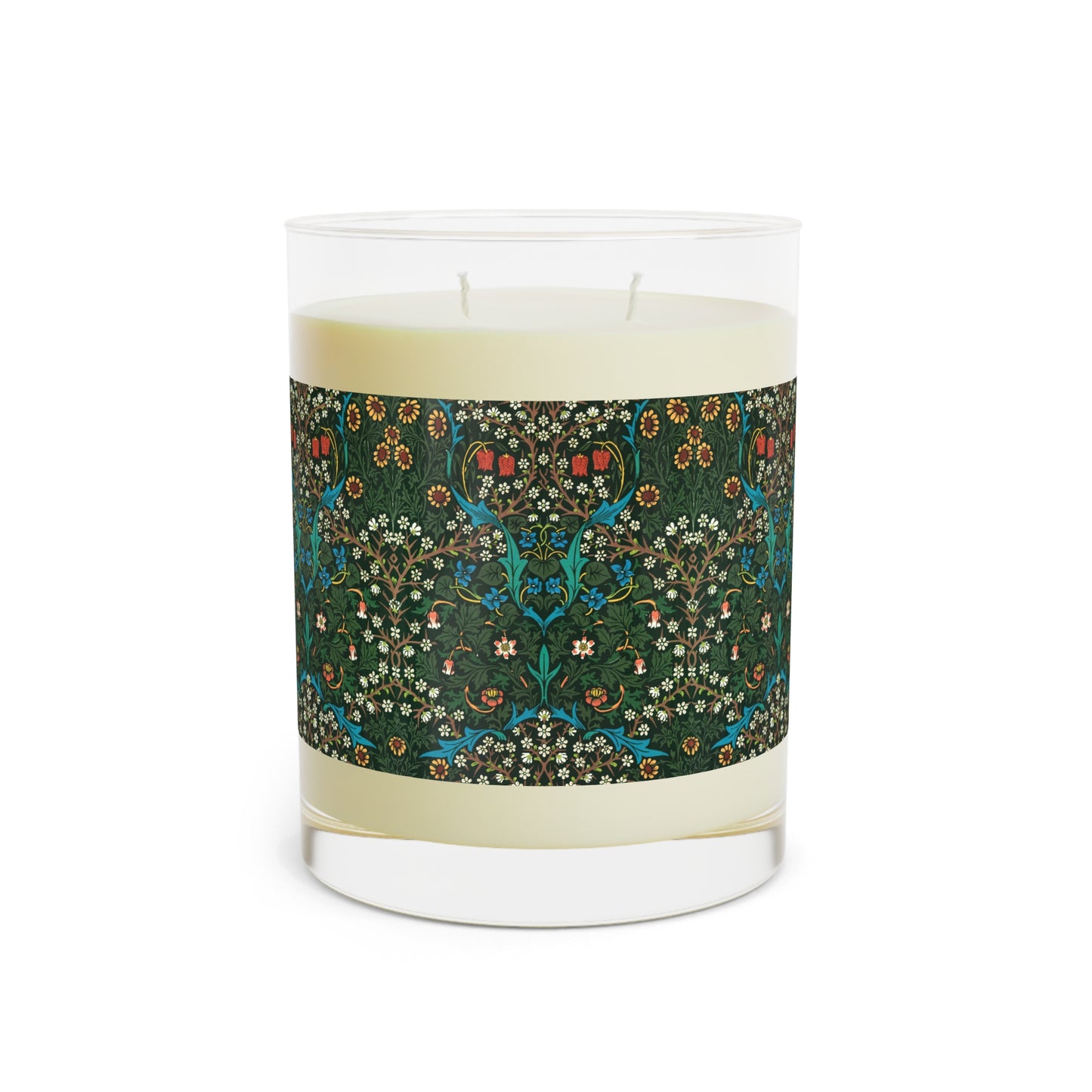 Luxury Scented Candle  in a glass jar with a brown paper lid inspired by William Morris & Co in an Arts & Crafts pattern called Tulip Collection with Red, Blue and Green