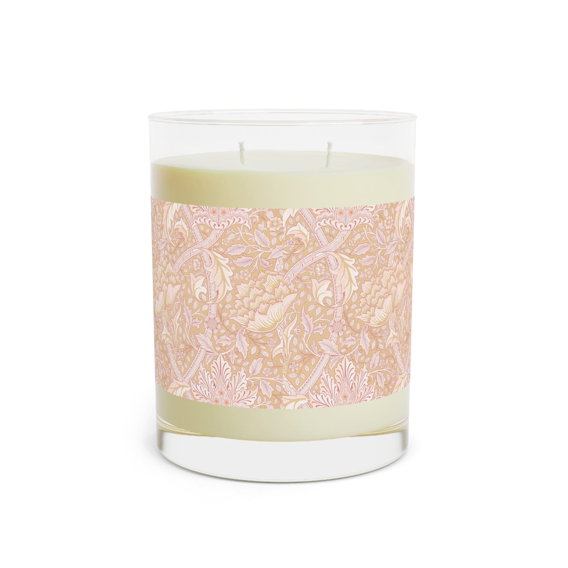 A luxury scented candle with a floral William Morris & Co pattern wrap around the glass jar, alongside a brown cardboard lid.