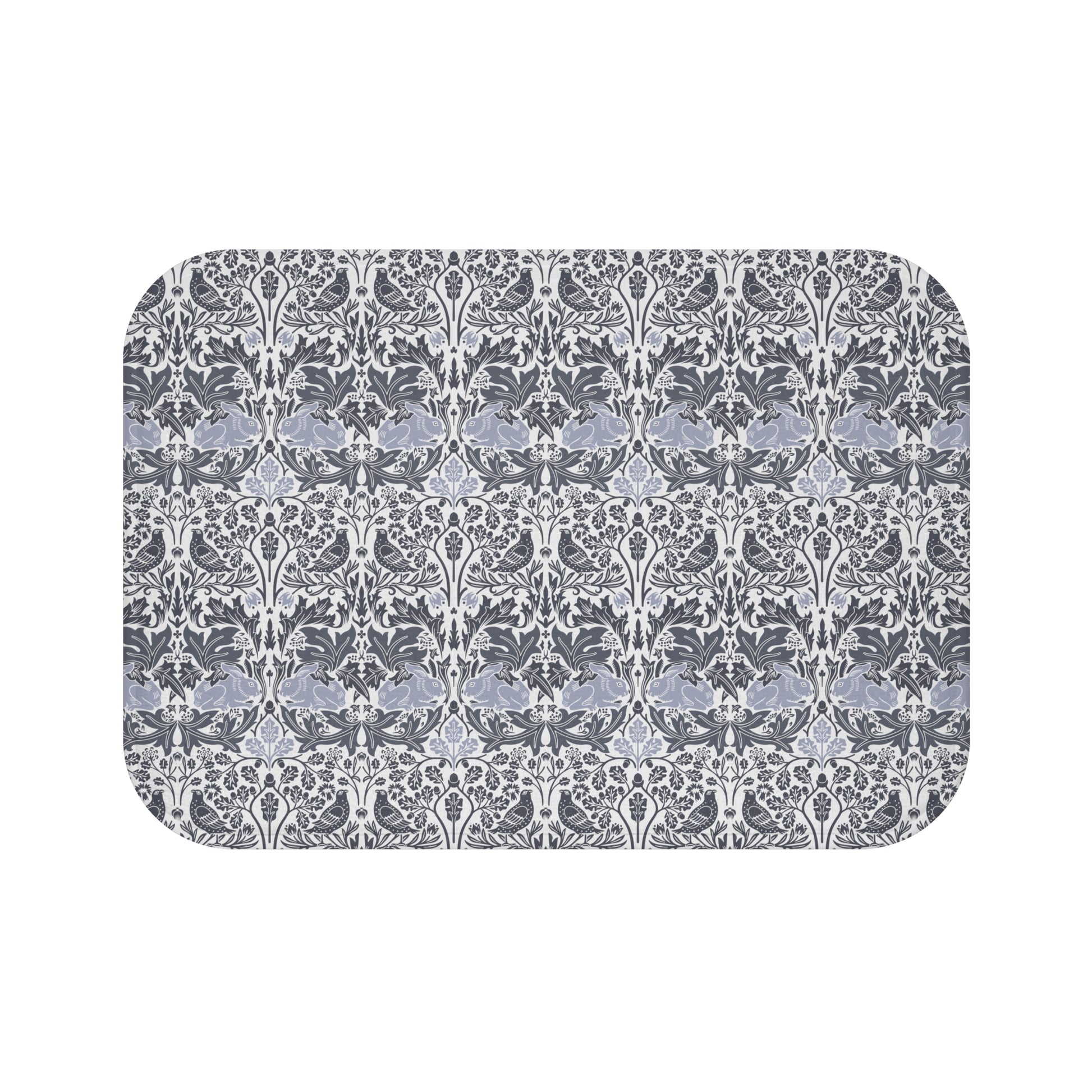 Microfibre bath mat with a gray and white floral pattern inspired by William Morris' work.